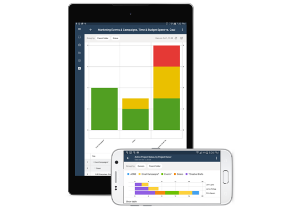 Wrike Reports on a tablet and a phone